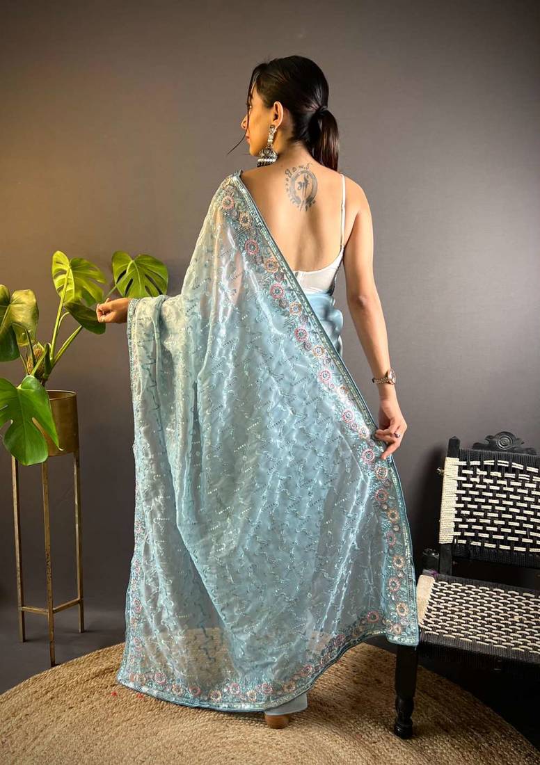 Blue net embroidered thread work heavy look ethnic saree with blouse