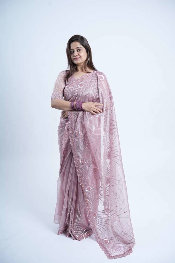 Lavender net embroidered thread work heavy look ethnic saree with blouse