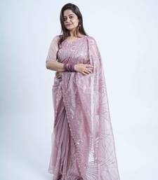 Lavender net embroidered thread work heavy look ethnic saree with blouse