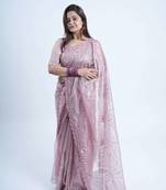Lavender net embroidered thread work heavy look ethnic saree with blouse
