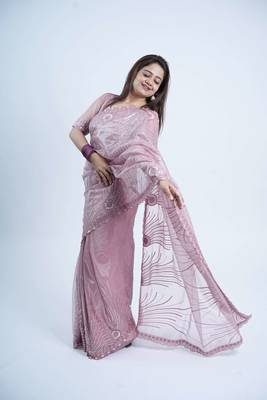 Lavender net embroidered thread work heavy look ethnic saree with blouse 2