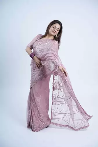 Lavender net embroidered thread work heavy look ethnic saree with blouse