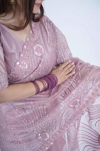 Lavender net embroidered thread work heavy look ethnic saree with blouse