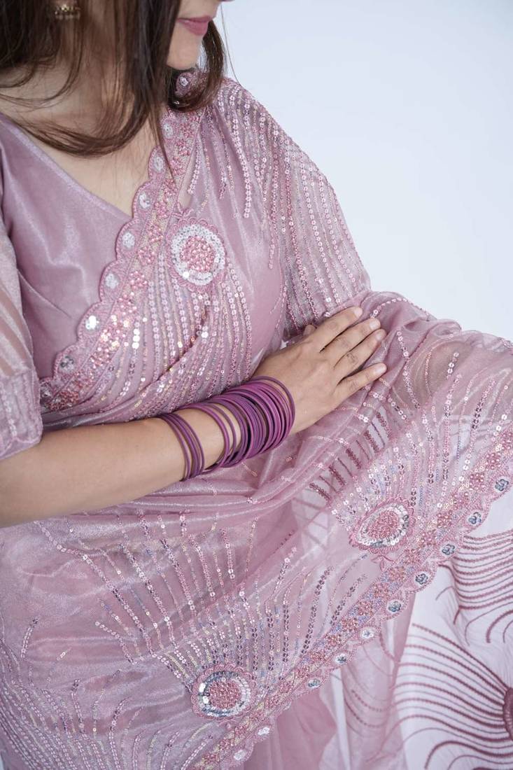 Lavender net embroidered thread work heavy look ethnic saree with blouse