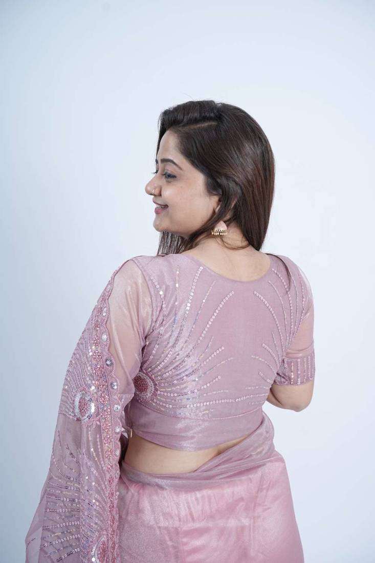 Lavender net embroidered thread work heavy look ethnic saree with blouse