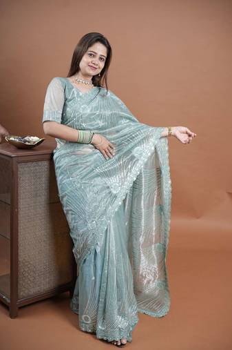 Turquoise net embroidered thread work heavy look ethnic saree with blouse
