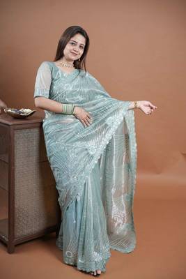 Turquoise net embroidered thread work heavy look ethnic saree with blouse 1