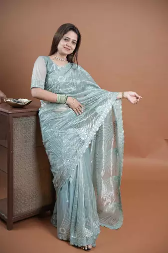 Turquoise net embroidered thread work heavy look ethnic saree with blouse