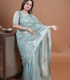 Turquoise net embroidered thread work heavy look ethnic saree with blouse
