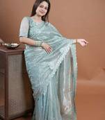 Turquoise net embroidered thread work heavy look ethnic saree with blouse