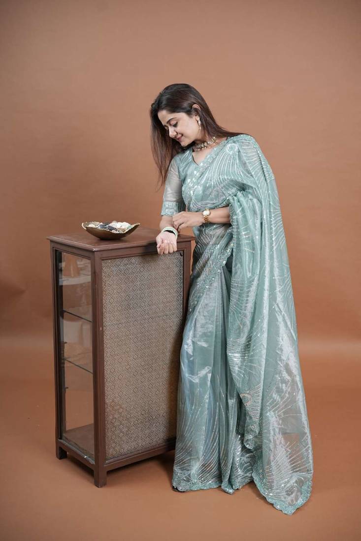 Turquoise net embroidered thread work heavy look ethnic saree with blouse