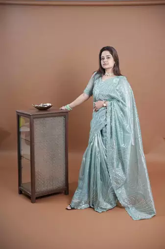 Turquoise net embroidered thread work heavy look ethnic saree with blouse