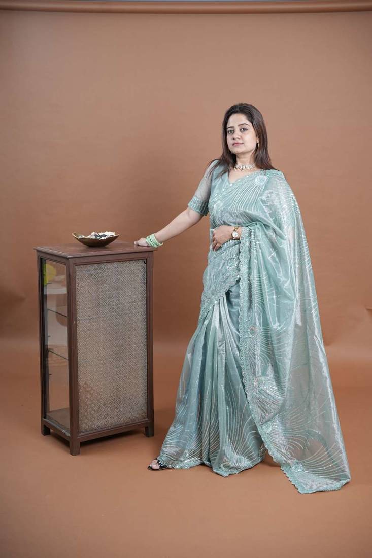 Turquoise net embroidered thread work heavy look ethnic saree with blouse