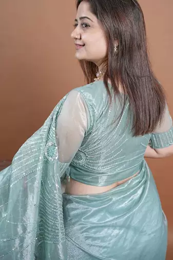 Turquoise net embroidered thread work heavy look ethnic saree with blouse