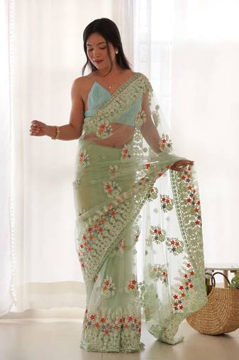 Green net embroidered thread work heavy look ethnic saree with blouse