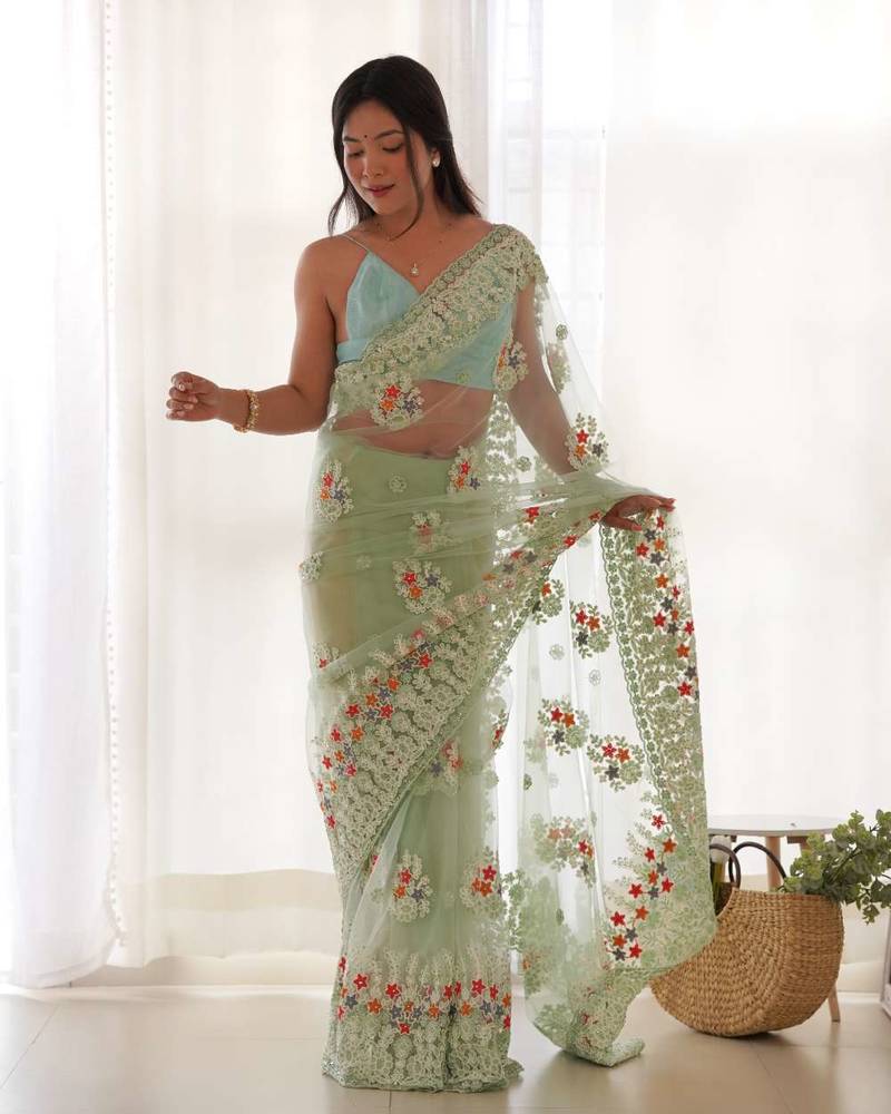 Green net embroidered thread work heavy look ethnic saree with blouse