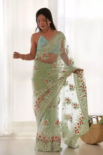 Green net embroidered thread work heavy look ethnic saree with blouse