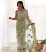 Green net embroidered thread work heavy look ethnic saree with blouse