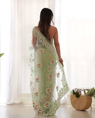 Green net embroidered thread work heavy look ethnic saree with blouse 2