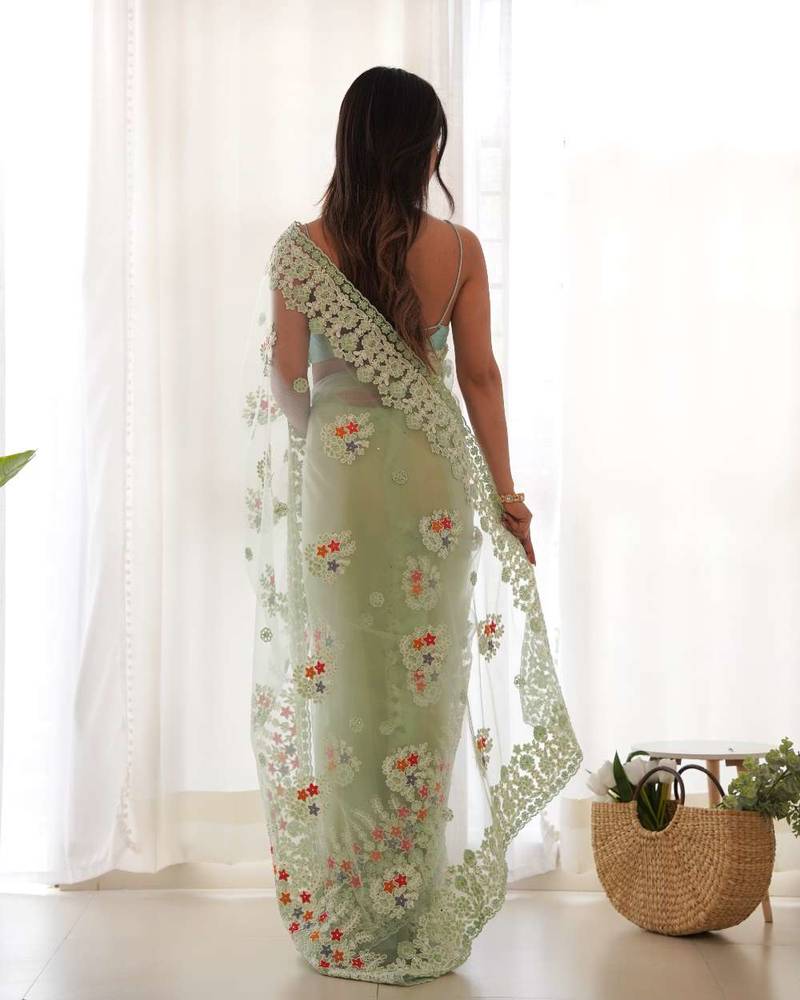 Green net embroidered thread work heavy look ethnic saree with blouse