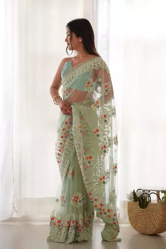 Green net embroidered thread work heavy look ethnic saree with blouse