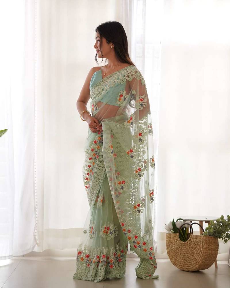 Green net embroidered thread work heavy look ethnic saree with blouse