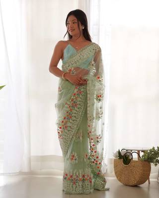 Green net embroidered thread work heavy look ethnic saree with blouse 4