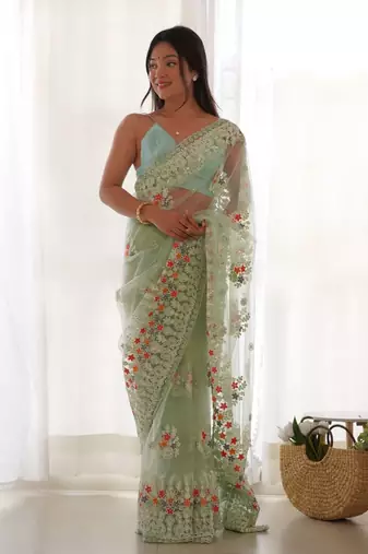 Green net embroidered thread work heavy look ethnic saree with blouse