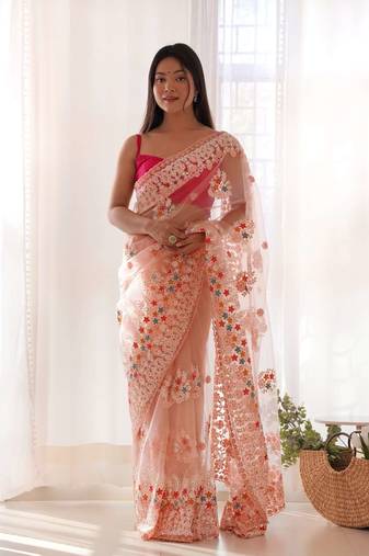 Peach net embroidered thread work heavy look ethnic saree with blouse