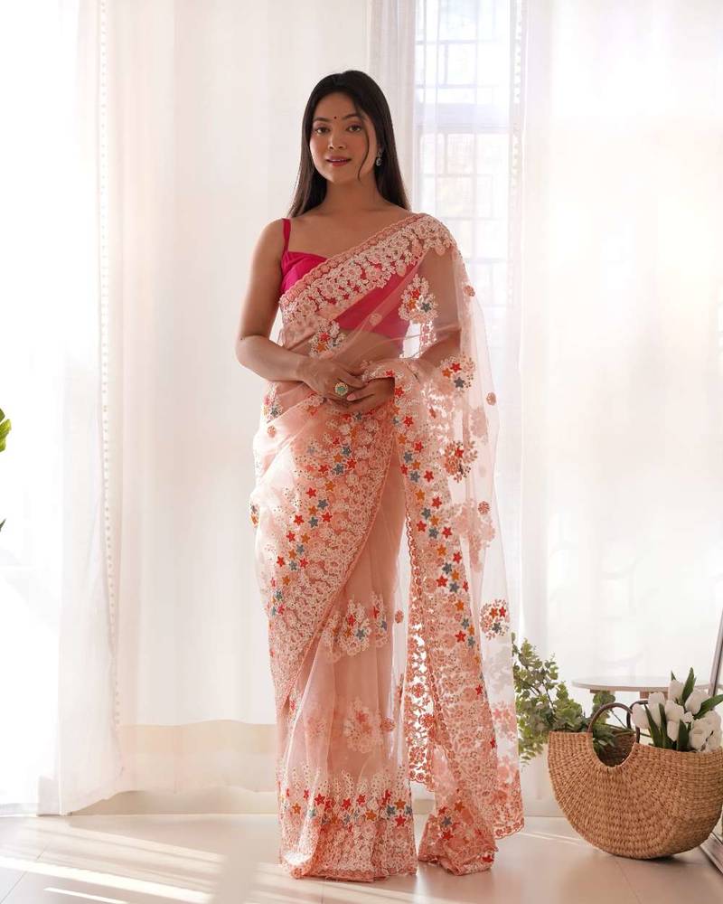 Peach net embroidered thread work heavy look ethnic saree with blouse