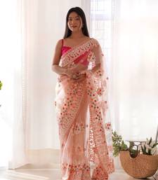 Peach net embroidered thread work heavy look ethnic saree with blouse