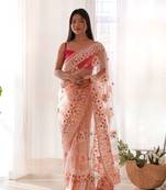 Peach net embroidered thread work heavy look ethnic saree with blouse