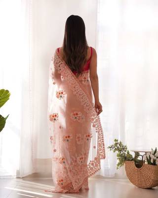 Peach net embroidered thread work heavy look ethnic saree with blouse 2