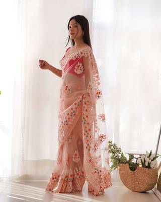 Peach net embroidered thread work heavy look ethnic saree with blouse 3