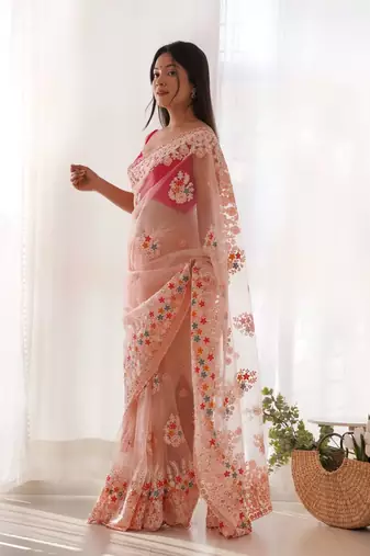 Peach net embroidered thread work heavy look ethnic saree with blouse
