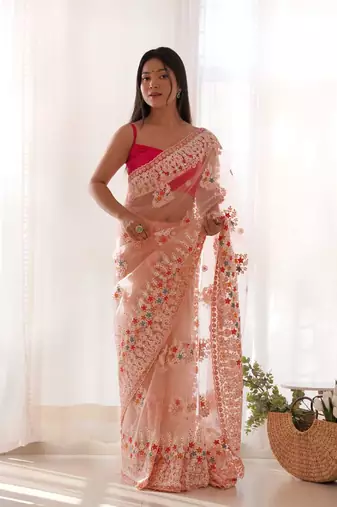 Peach net embroidered thread work heavy look ethnic saree with blouse