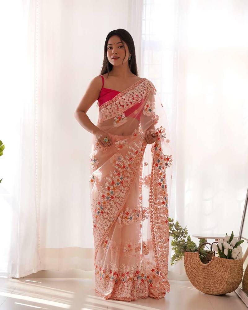 Peach net embroidered thread work heavy look ethnic saree with blouse