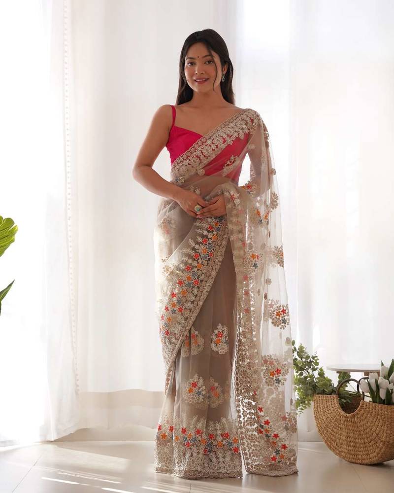 Brown net embroidered thread work heavy look ethnic saree with blouse