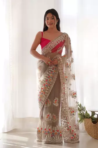 Brown net embroidered thread work heavy look ethnic saree with blouse