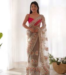 Brown net embroidered thread work heavy look ethnic saree with blouse