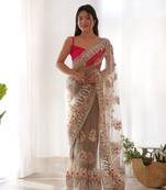 Brown net embroidered thread work heavy look ethnic saree with blouse