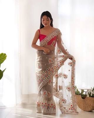 Brown net embroidered thread work heavy look ethnic saree with blouse 2