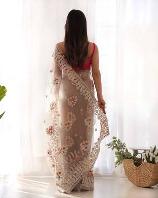 Brown net embroidered thread work heavy look ethnic saree with blouse 3