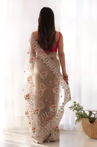 Brown net embroidered thread work heavy look ethnic saree with blouse