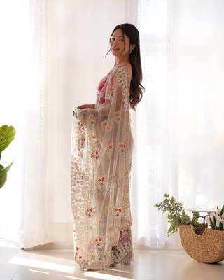 Brown net embroidered thread work heavy look ethnic saree with blouse 4
