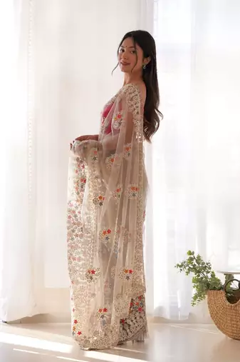 Brown net embroidered thread work heavy look ethnic saree with blouse
