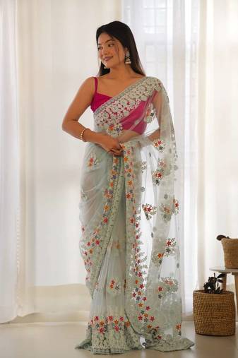 Blue net embroidered thread work heavy look ethnic saree with blouse