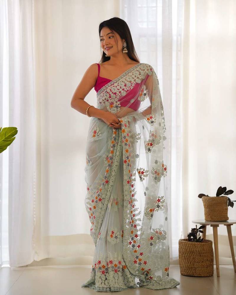 Blue net embroidered thread work heavy look ethnic saree with blouse