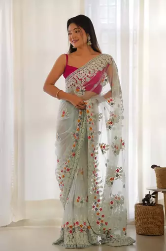 Blue net embroidered thread work heavy look ethnic saree with blouse