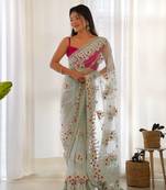 Blue net embroidered thread work heavy look ethnic saree with blouse